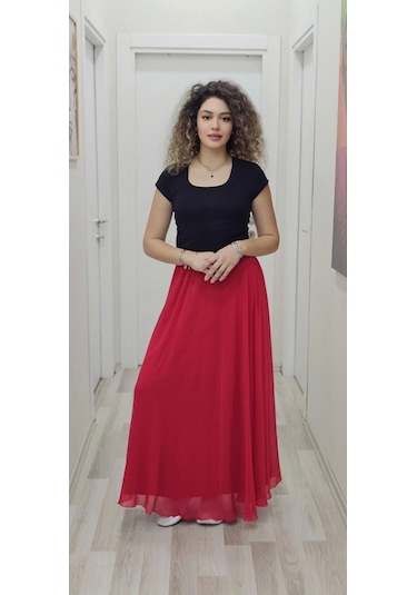 Bel Lastikli Kloş Şifon Etek 6003-kırmızı Kırmızı