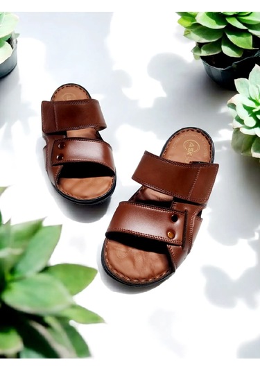 Erkek Gerçek Deri Cırtlı Ayarlanabilir Ev Ve Dışarı Terliği Taba