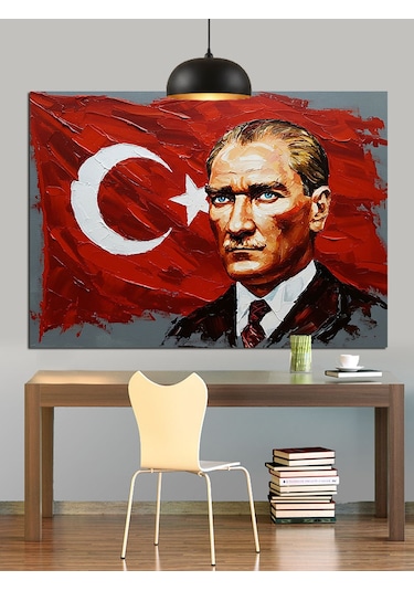 Türk Bayrağı Önünde Atatürk Dekoratif Kanvas - Mdf Ahşap Tablo
