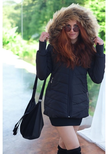 Eldiven Detaylı Siyah Kapüşonlu Orta Boy Kürklü Şişme Mont Co121syh1 Siyah