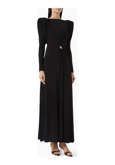Eegen Studio Diva Maxi Elbise - Puf Kollu, Derin U Yırtmaçlı, Twinkle Knit Kumaş Siyah Kod 008536