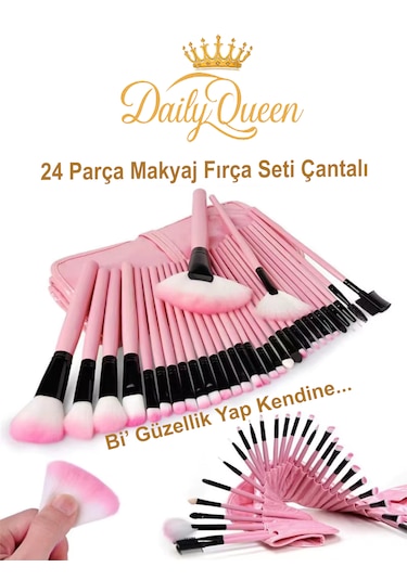Daily Queen 24 Parça Makyaj Fırça Seti Penbe Deri Çantalı Lüx Ve Kaliteli