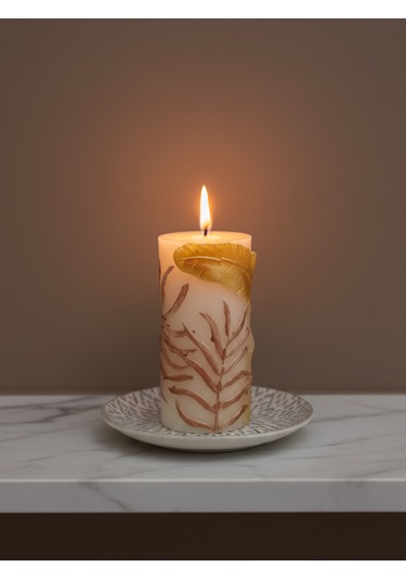 Tüy Kabartmalı Silindir Mum 14cm Altın - Beyaz
