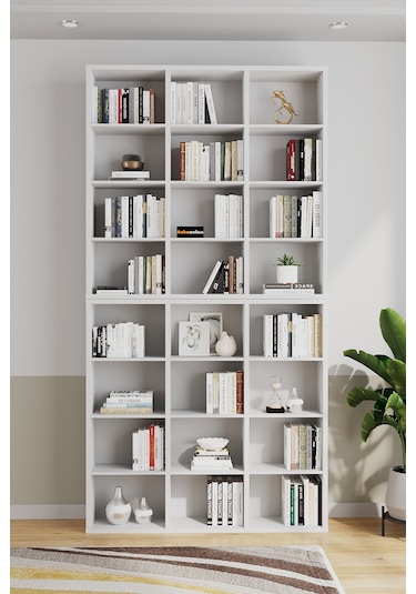Ae-1079 İmre Beyaz 24 Raflı Kitaplık Kütüphane Ayarlanabilir Raf