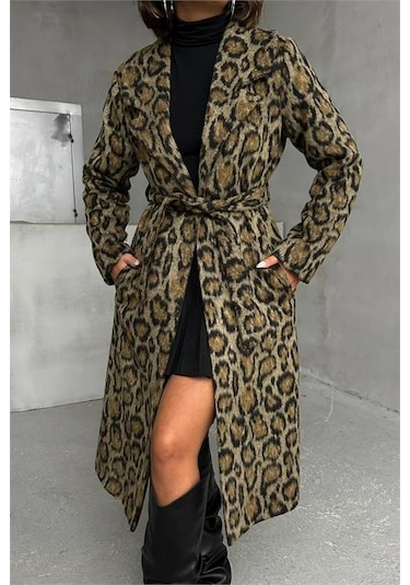 Dip Moda Kadın Leopar Desenli İthal Kaşe Kaban Dpnbg054 Çok Renkli