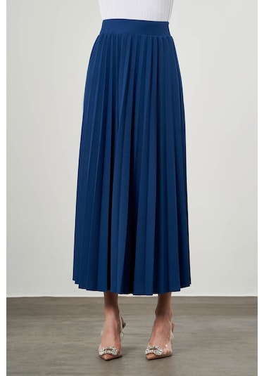 Krep Örme Piliseli İndigo Etek İndigo