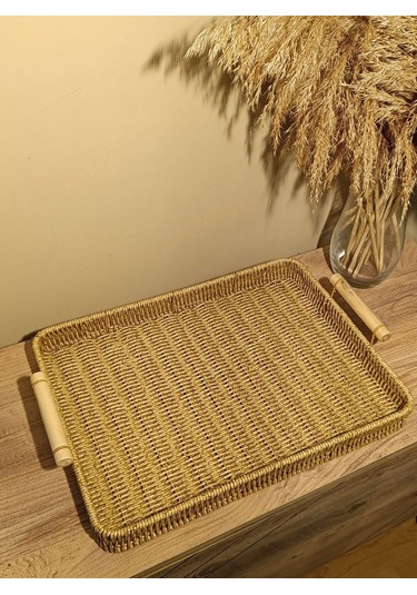 Hasır Rattan Sunum Tepsi Geniş Organizer Bambu Kulplu Dikdörtgen Diğer