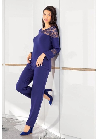 Faal 8616 Kadın Uzun Kollu Dantel Detaylı Pijama Takımı-lacivert Lacivert