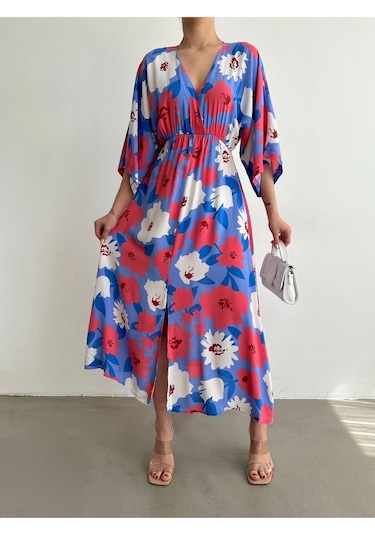 Kadın Kruvaze Yaka Yırtmaçlı Uzun Yazlık Elbise Pembe