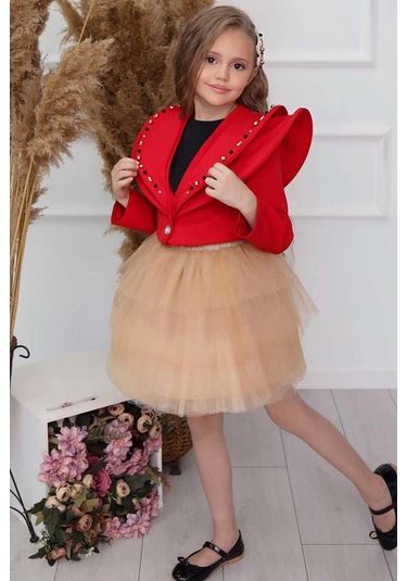 Riccotarz Kız Çocuk V Yaka Ve Taş Detaylı Ceket Kırmızı Etekli Takım Kırmızı