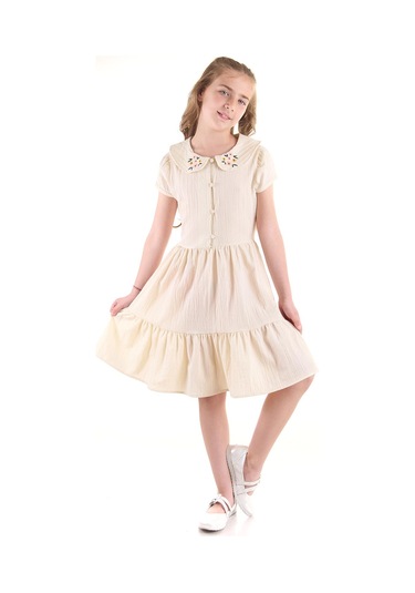 Ahengim Kız Çocuk Düğmeli Yaka Nakışlı Elbise Trend Pamuklu Pamuklu Ak2523 KREM