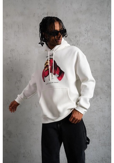 Erkek Eldiven Baskılı Kapüşonlu Sweat - Beyaz Siyah