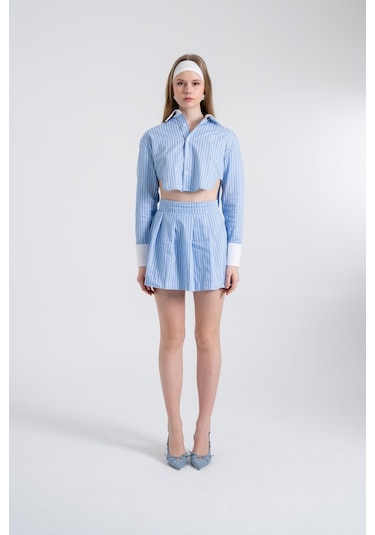 Holly Lolly Çizgili Pilili Mini Harmony Poplin Etek Mavi