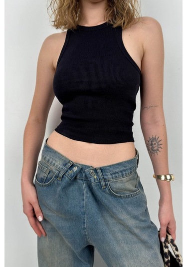 Halter Yaka Kolsuz Bluz Siyah