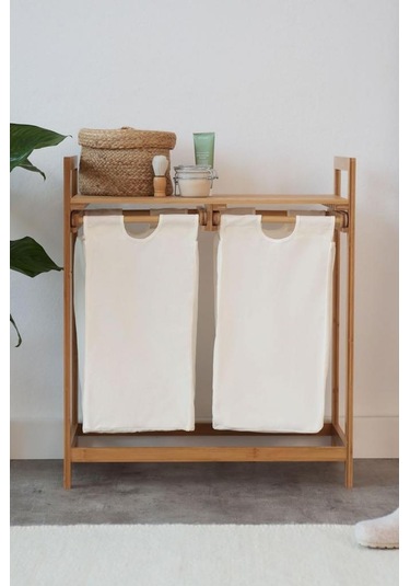 Digithome Bambu 2 Bölmeli Kirli Sepetli Çamaşır Sepeti Raflı Banyo Düzenleyici Db-0007 Ahşap