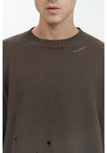 Alec Fitilli Yırtık Detay Kahve Erkek Triko Kazak Kahverengi