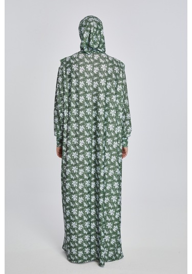 Pratik Tek Parça Manolya Desenli Namaz Elbisesi Haki