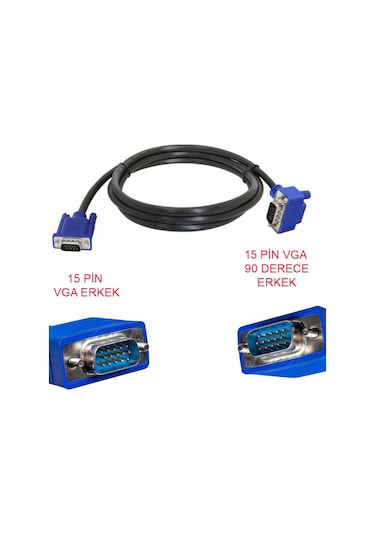 Vga 90 Derece Kablo 15 Pin Vga Düz Ve 90 Derce L Tipi Görüntü Kablosu 1.5m