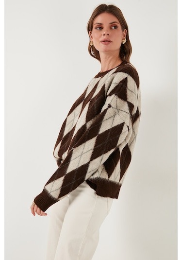 Lela Oversize Fit Bisiklet Yaka Baklava Desenli Yumuşak Dokulu Bayan Kazak 4616223 Kahve