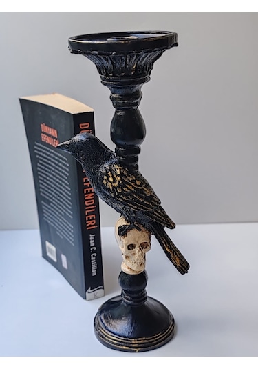 Gotik Tasarım Siyah Kuş Ve Kafatası Şamdan, Mumluk, El Yapımı, Ev Dekoru Siyah