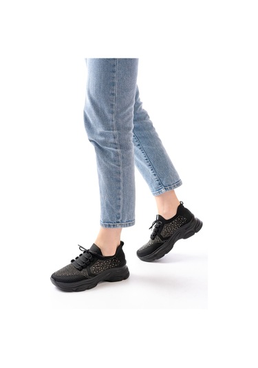 3002 Siyah Bağcıklı Fileli Taş Aksesuarlı Günlük Spor Ayakkabı Beyaz