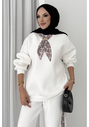 Fularlı Üç İplik İkili Takım 1654 - Beyaz Beyaz