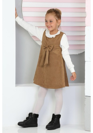 Kız Çocuk Süet Kumaş 2'li Elbise Elbise+bady Bluz 12177 Vizon