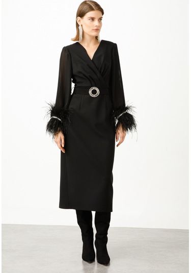 Moda İlgi Kadın Kolları Pliseli Manşeti Otrişli Uzun Elbise B06528 Siyah Siyah