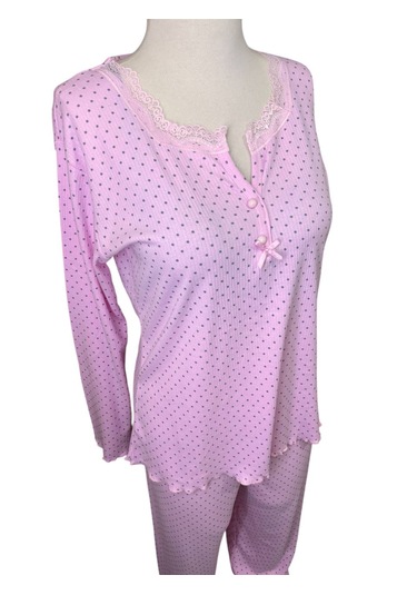 Büyük Beden Battal Pijama Takımı Desenli Uzun Kol V Yaka Kışlık Kumaş Pembe