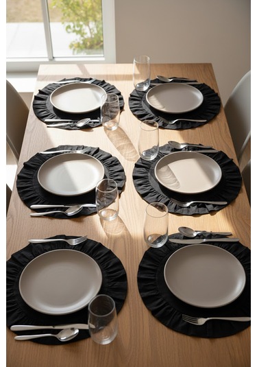 Yunusoğlu Home Pamuklu Fırfırlı Supla 6'lı Set Amerikan Servis 33 Cm Çap Supla 6'lı Siyah