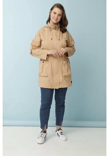 Rivetli Çıkarılan Kapüşonlu Plus Trençkot - Bej