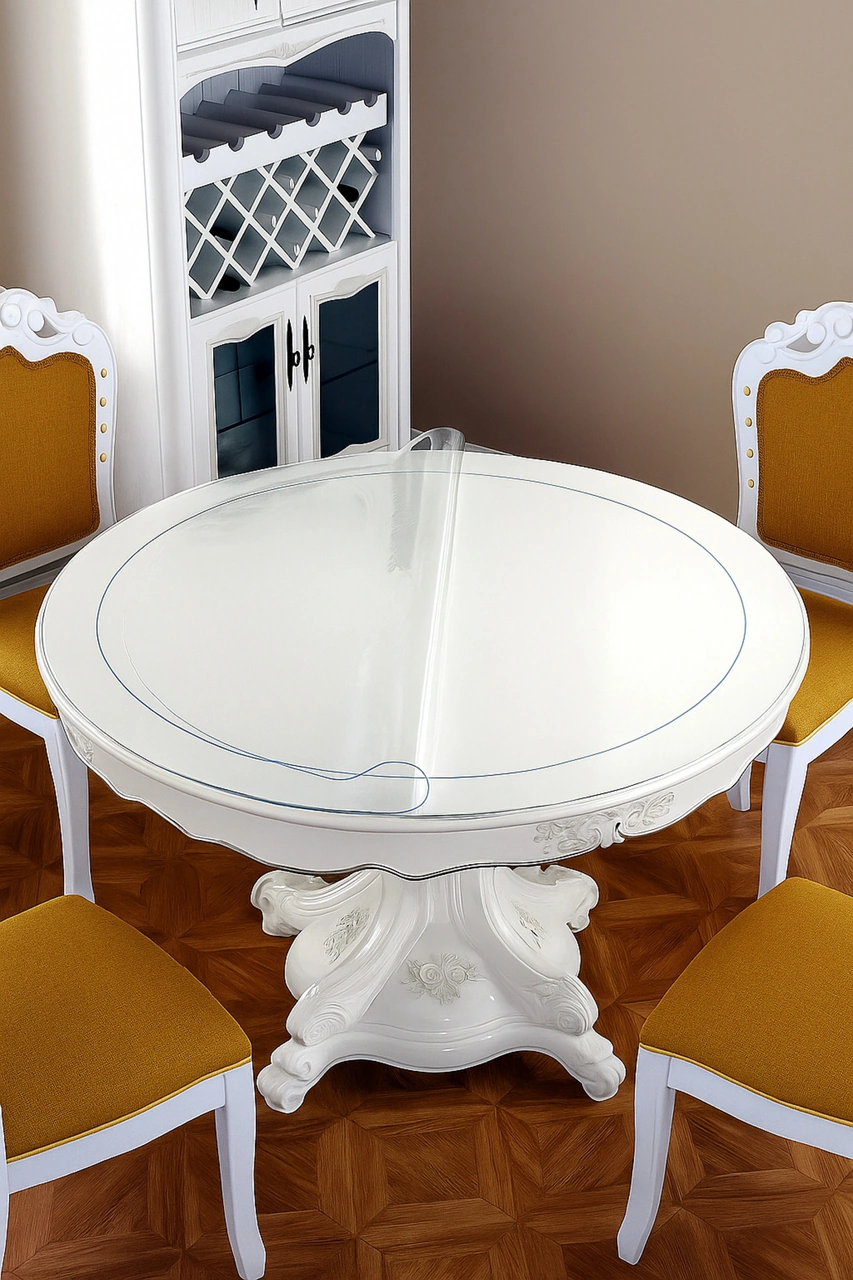 Rona Home Dekoratif Yuvarlak Şeffaf Masa Örtüsü 1,5 Mm Kalın Pvc Kaymaz Sofra Bezi Beyaz
