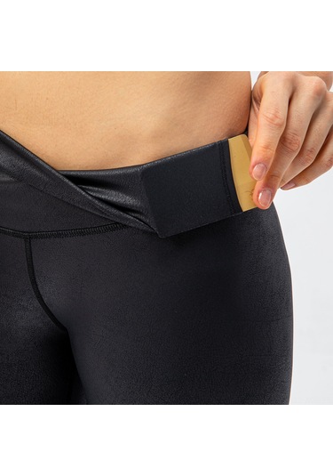 Konesam Kadın Siyah Spor Deri Pantolon - Yüksek Esneklik, Geniş Bel, Yan Canta - Yoga, Koşu, Egzersiz İçin SiYAH