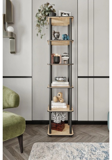 6 Katlı Dekoratif Kare Kitaplık Meşe Meşe