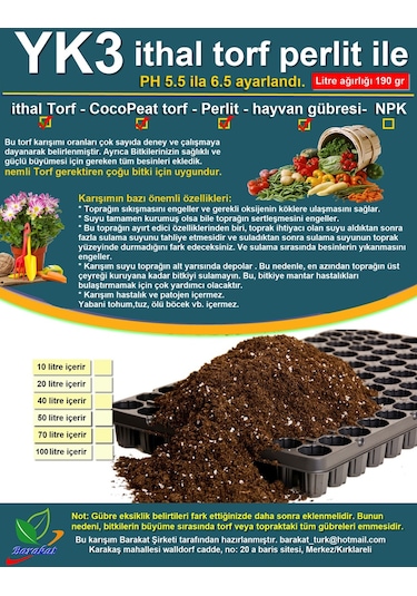 İthal YK3 Torf Cocopeat Perlit ile Çiçek Sebze Tohumu Toprak 20 L