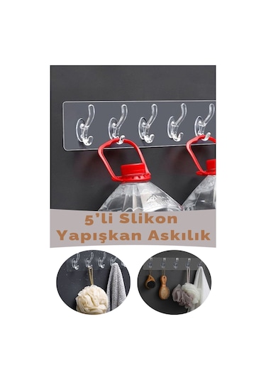 Çok Amaçlı Yapışkanlı 5li Şeffaf Slikon Duvar Kapı Arkası Askılık Şeffaf