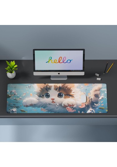 Geeksen Sevimli Kedi Desenli Büyük Boy Anti-kayar Ofis Ve Oyun Mouse Pad 60x30cm