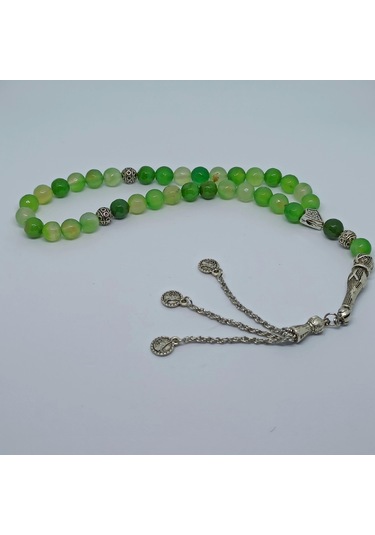 Kesebe Doğal Yeşil Akik Jade Yeşim Taşlı Tespih - El Yapımı Koleksiyonluk Parça Çok Renkli