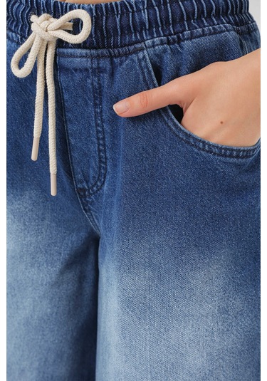 Gabria Bel Lastikli Bol Paça Jean Pantolon Mavi
