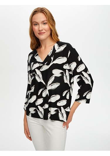 V Yaka Yaprak Desen Örme Bluz S25blz041 Us25blz04110 Siyah