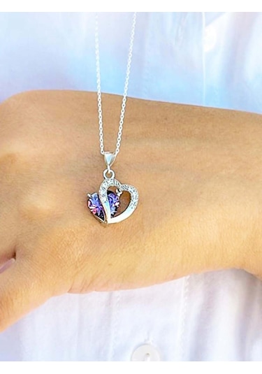 Brezza Lusso Jewelry Gümüş Kolye Ametist Taşı Kalp Kadın Kolye 45 CM