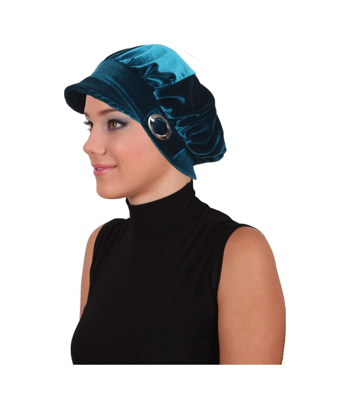 Kadife Şapka Toka Detaylı Petrol Hazır Türban Tesettür Bone Petrol