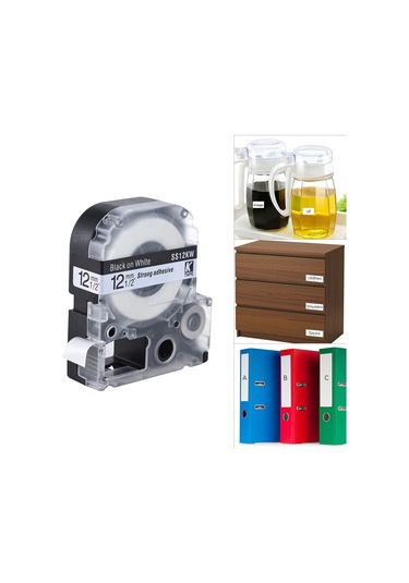 Singree 12mm X 8m Siyah Yazı Beyaz Arka Plan Etiket Bandı - Ss12kw Modeli, Plastik Malzeme, Etiket Makinesi İçin Uyumlu 1 Adet