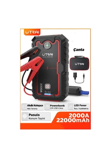 Utrai Jstar One 22000 mAh 2000A Jump Starter Taşınabilir Akü Takviye Cihazı + Çanta + Pusula + Powerbank + Led Lamba