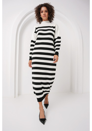 Bigdart 15898 Çizgili Uzun Triko Elbise - B.beyaz