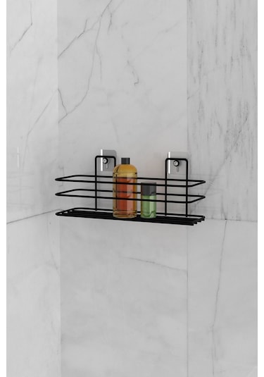 Eva Metal Tasarim Banyo Düzenleyici Şampuanlık Sabunluk Yapışkanlı Banyo Rafı Mat Siyah Duş Rafı Organizer Siyah