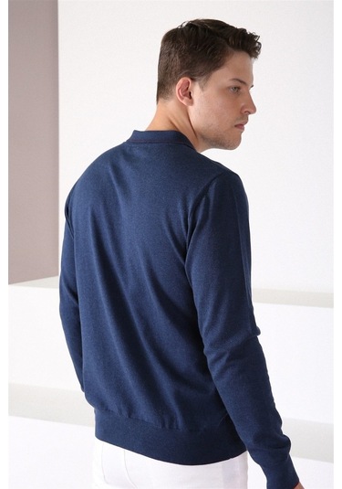 Ferraro Lacivert Polo Yaka Fermuarlı Erkek Pamuk Kazak Lacivert