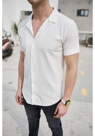 Beyaz Renk Dokulu Kısa Kol Erkek Gömlek-1585 Beyaz