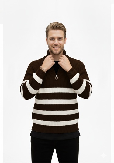 Deepsea Erkek Kahve Yarım Fermuarlı Oversize Kesim Triko Kazak Pamuklu Yumuşak Örgü Çizgili Kazak 2608513 Kahve Deepsea Erkek Kahve Yarım Fermuarlı Oversize Kesim Triko Kazak Pamuklu Yumuşak Örgü Çizgili Kazak 2608513 Kahve