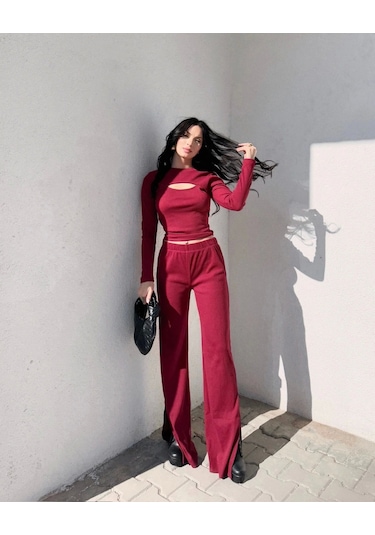 Pencereli Detaylı Alt Üst Takım Bordo W3864 Bordo